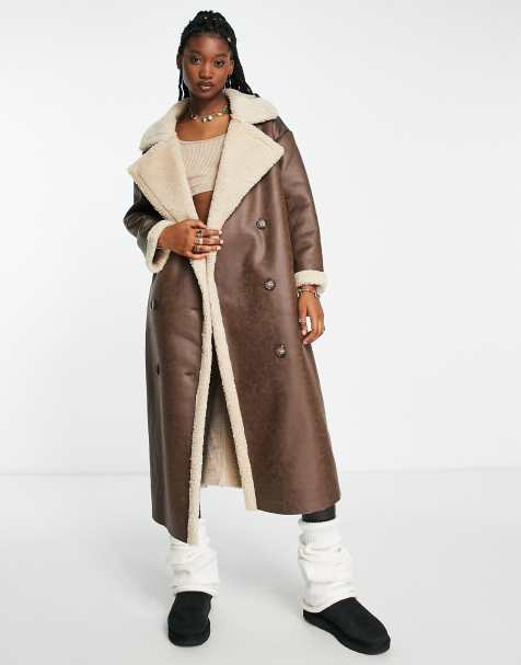 TOPSHOP Faux Leather Longline Shearling Car Coat With Borg Lining in Black