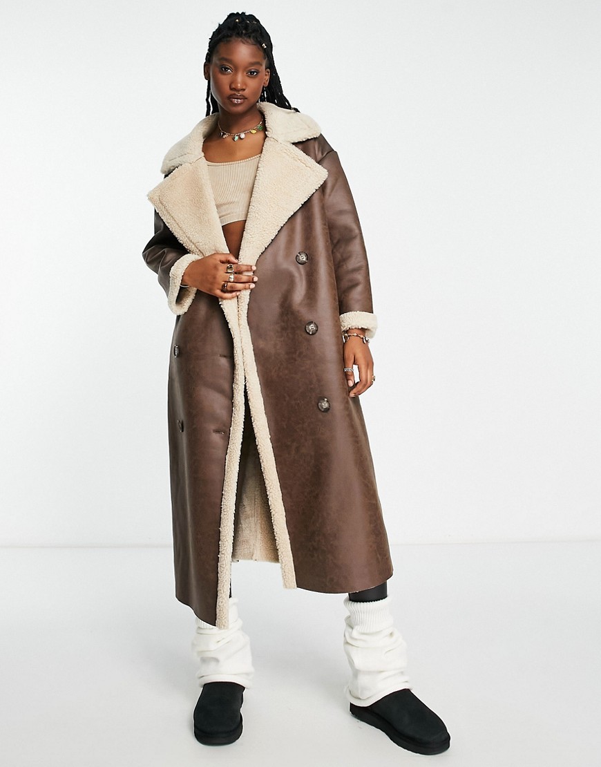 Stradivarius STR maxi faux leather aviator coat with contrast borg lining in brown