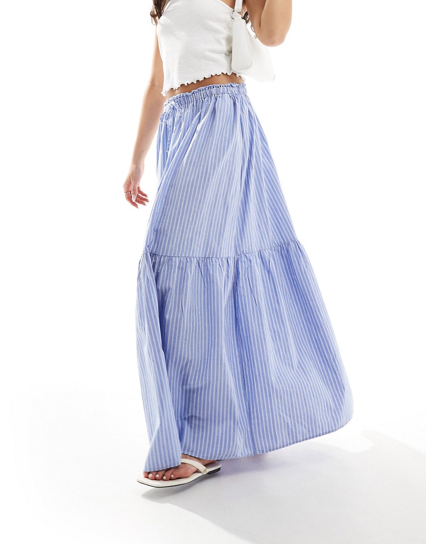 Stradivarius STR maxi skirt with elasticated tie waist in blue stripe
