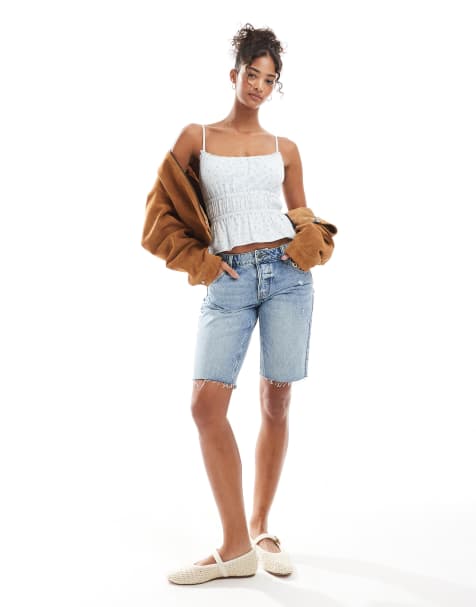 Stradivarius – STR – Mellanblå, tvättade, mellanlånga jeansshorts i smal passform - view 1