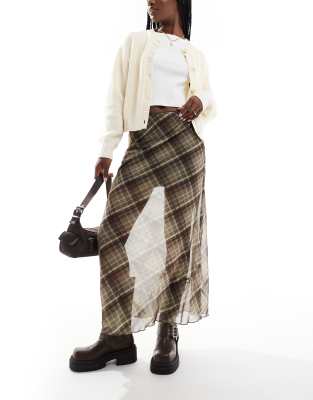 STR mesh midi skirt in plaid print-Multi