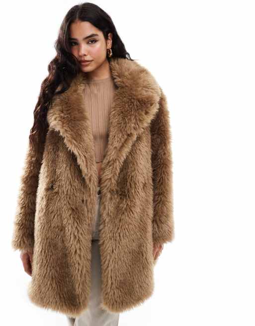 Stradivarius STR mid length faux fur jacket in brown