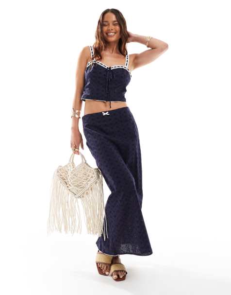 Stradivarius STR midi skirt with embroidery detail in navy - part of a set - view 1
