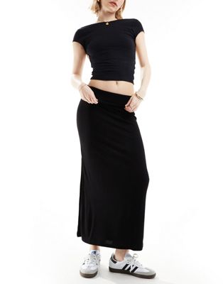 Stradivarius STR fold over waist midi skirt with side split in black