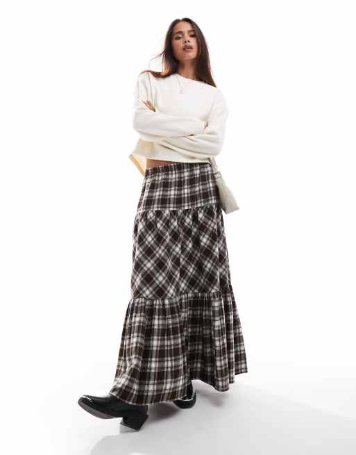 Stradivarius - STR - Midinederdel med ternet print i boho-stil