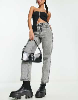 Stradivarius - STR - Mom-Jeans in grauer Acid-Waschung