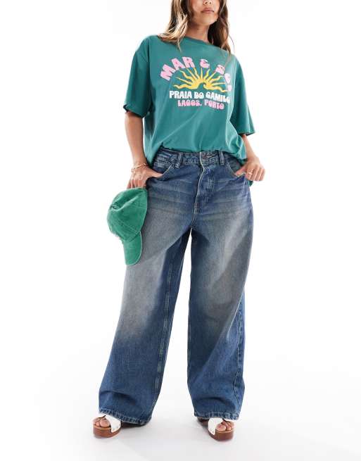 Stradivarius – STR – Mörka, vintagetvättade, baggy jeans