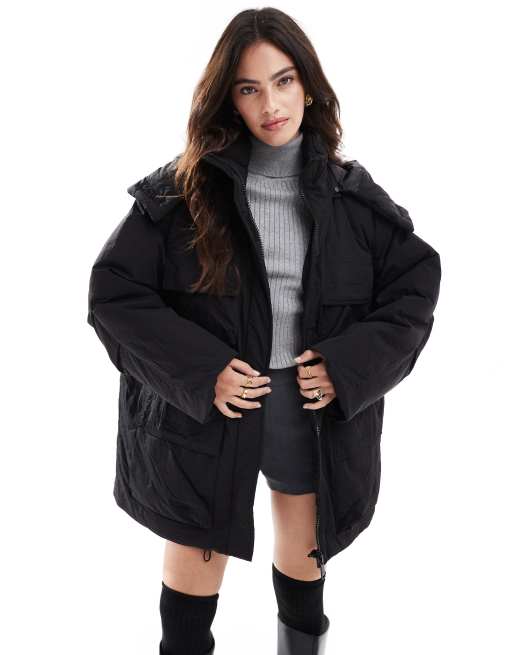 Stradivarius STR multi pocket puffer jacket in black | ASOS
