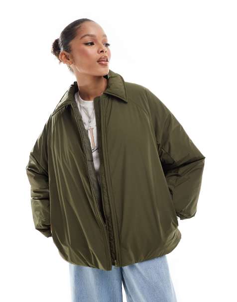 Stradivarius STR nylon puffer jacket in khaki - view 1