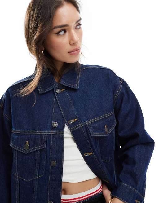 Stradivarius – STR – Oversize-Jeansjacke in Dunkelblau ASOS