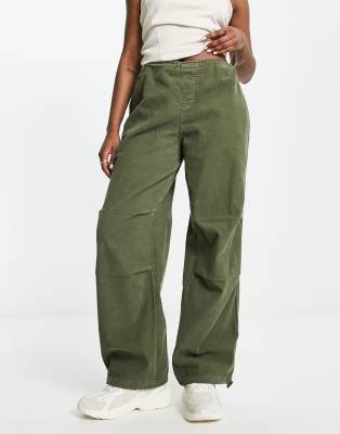 Bershka nylon parachute pants in dark green