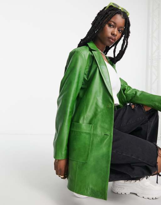 Stradivarius - STR - Oversized blazer van echt leer in flessengroen