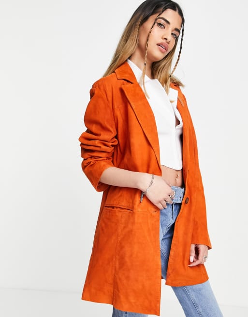 Stradivarius - STR - Oversized blazer van suède in roodbruin 