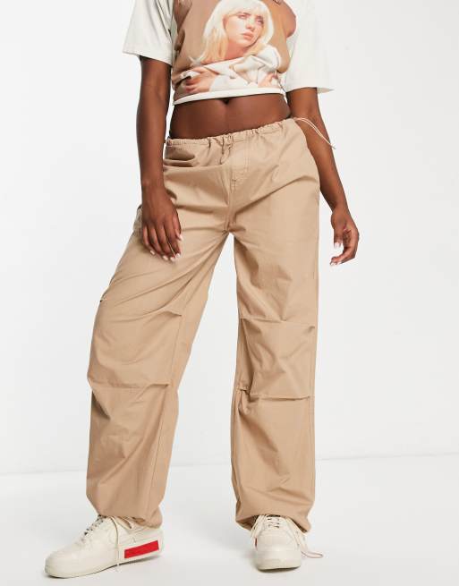 Women's Baggy Parachute Pants in Stone Wash Taupe Brown