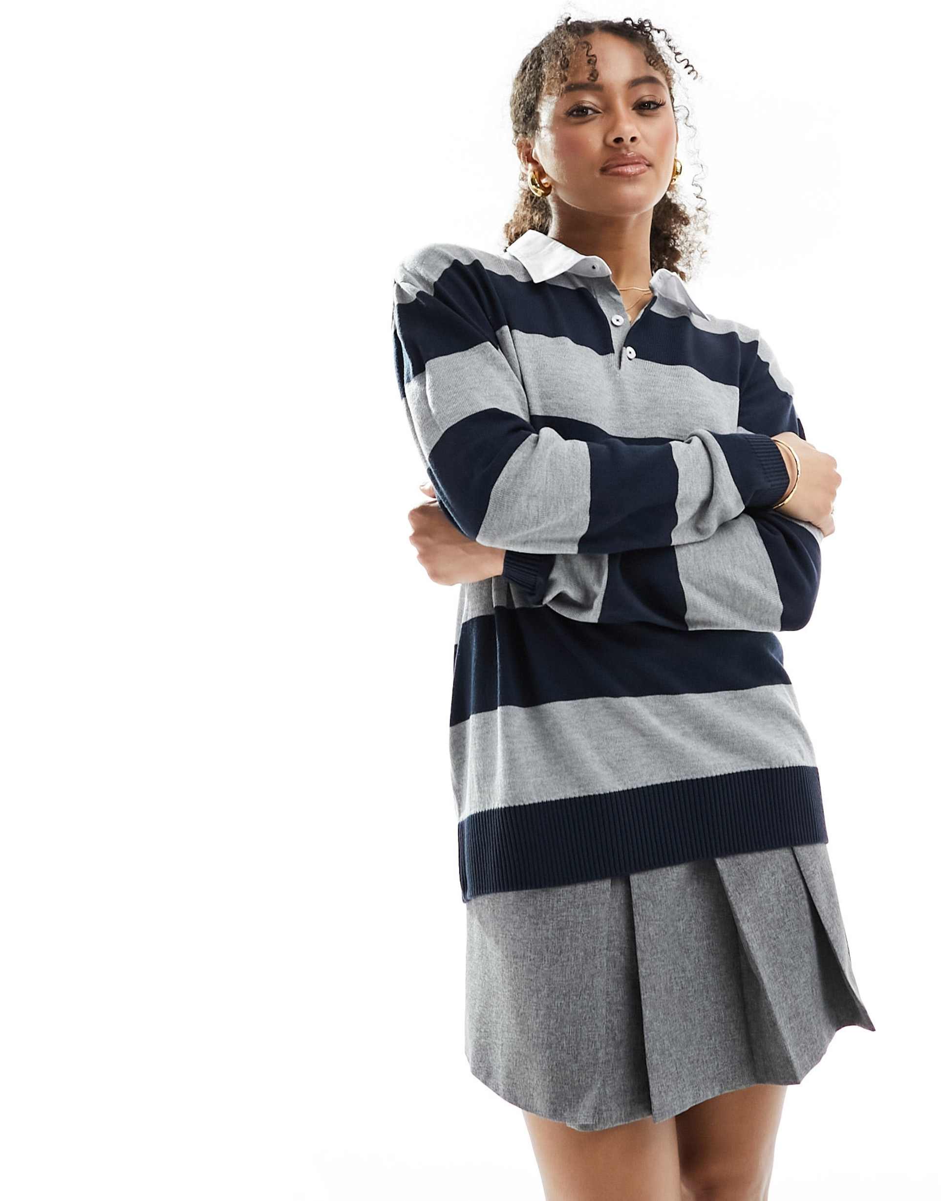 stradivarius str oversized polo top in stripe