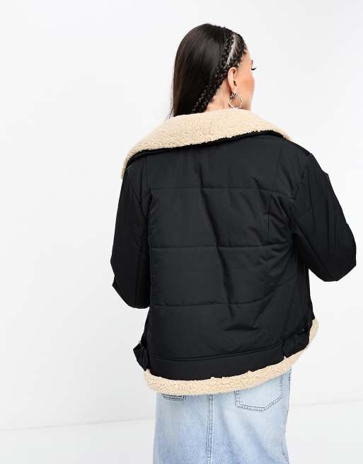 Stradivarius STR padded aviator jacket with contrast lining in black