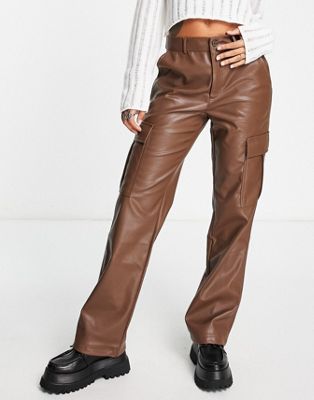 Stradivarius STR faux leather straight leg cargo trouser in brown - ASOS Price Checker