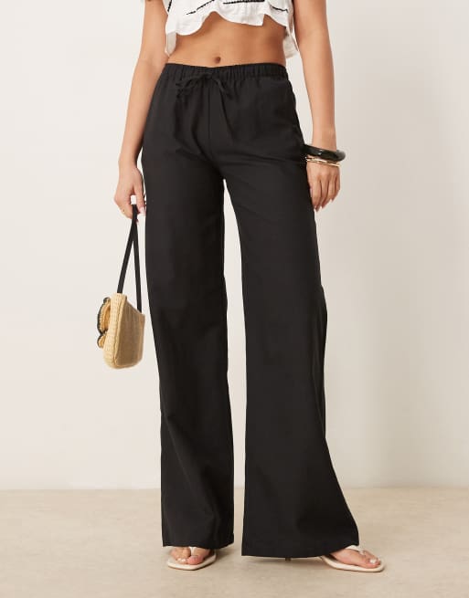 Stradivarius - STR - Pantalon taille basse aspect lin - Noir