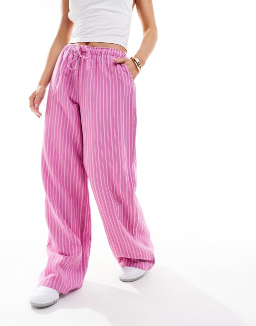 Stradivarius STR Petite linen mix pull on pants in pink stripe 