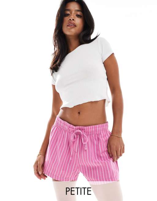 Stradivarius STR Petite rustic pull on shorts in pink stripe 