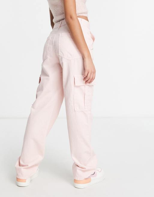 Stradivarius STR Petite straight leg cargo trouser in washed pink