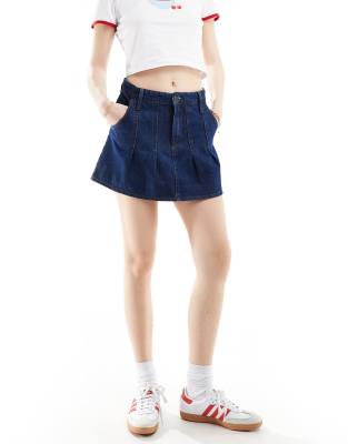 Stradivarius Str Pleated Denim Mini Skirt In Dark Blue