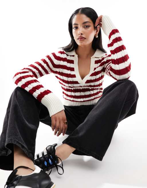 Stradivarius - STR - Polo in maglia rossa a righe 