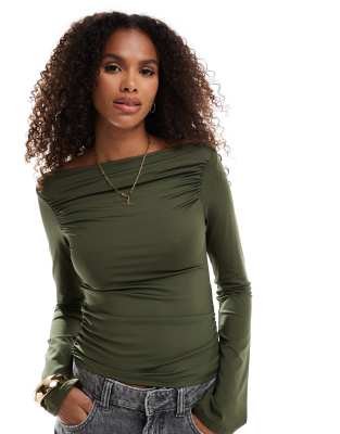 Stradivarius Str Polyamide Boat Neck Top In Khaki-green