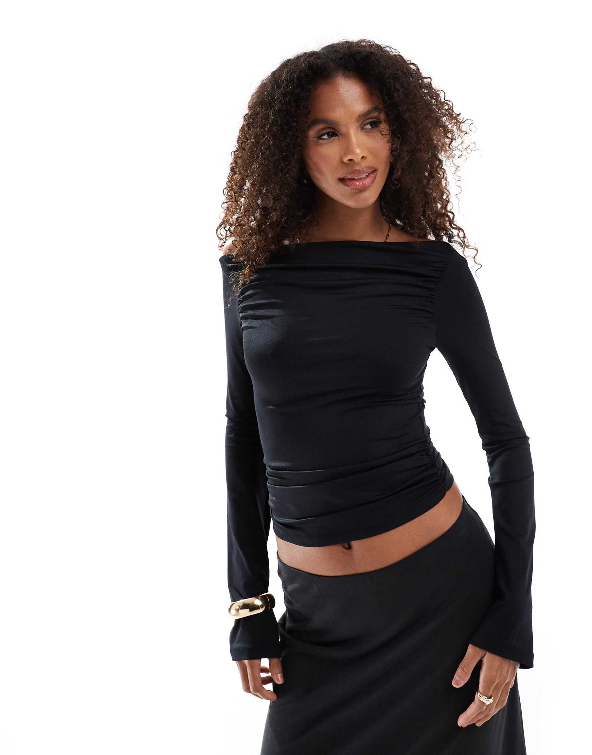 stradivarius str polyamide slash neck top in black