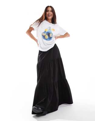 Stradivarius Str Poplin Boho Midi Skirt In Black