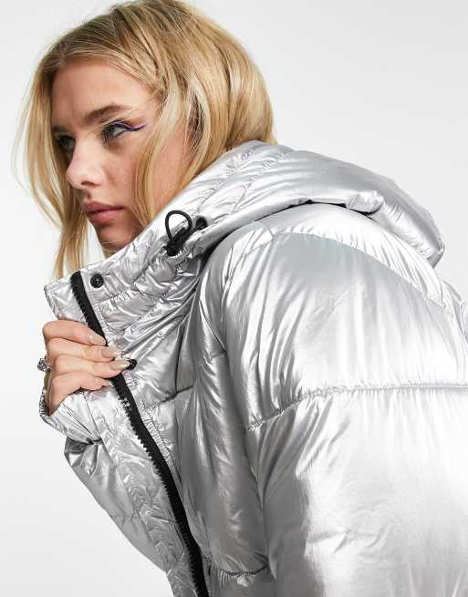 Long silver cheap puffer coat