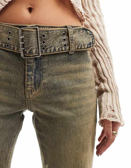 Stradivarius – STR – Raka jeans i vintagestil med skärp och tvättad finish , 2 av 5