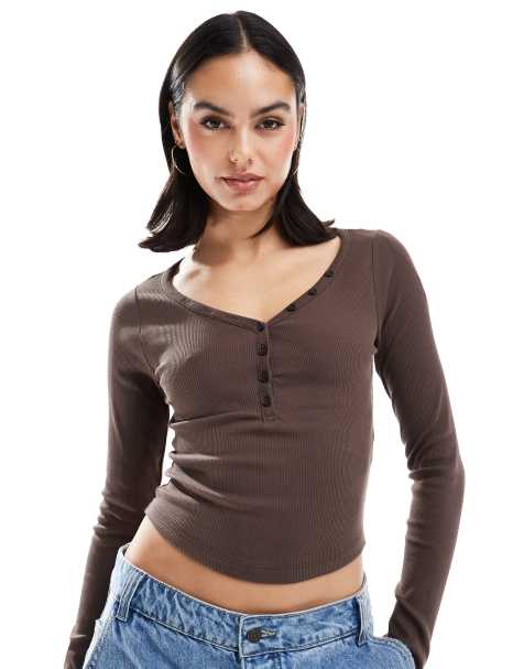 Stradivarius STR ribbed buttoned top in brown - view 1