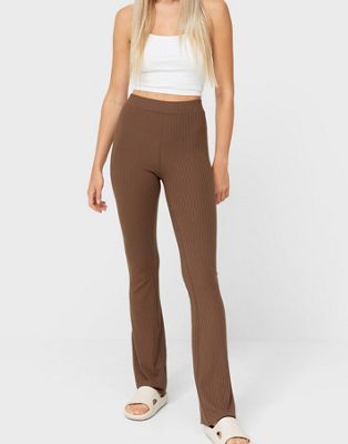 Stradivarius STR ribbed flare trousers in chocolate