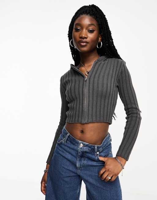 Stradivarius STR ribbed zip through top in gray