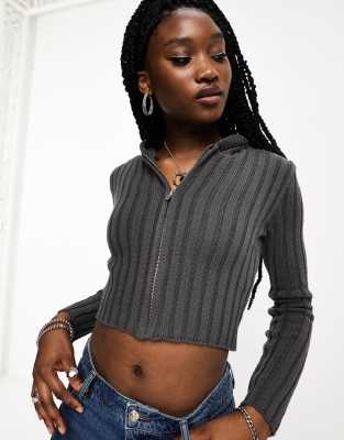 Stradivarius STR ribbed zip through top in grey