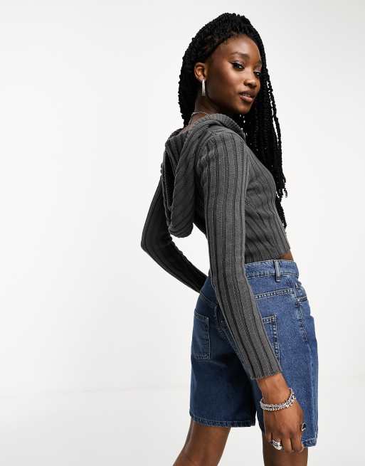 Stradivarius STR ribbed zip through top in grey | ASOS