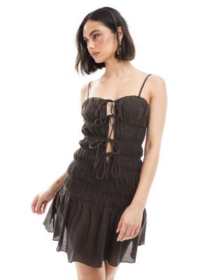 Stradivarius Str Ruched Frill Tie Front Mini Dress In Brown