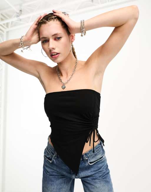 Stradivarius STR ruched front tube top in black