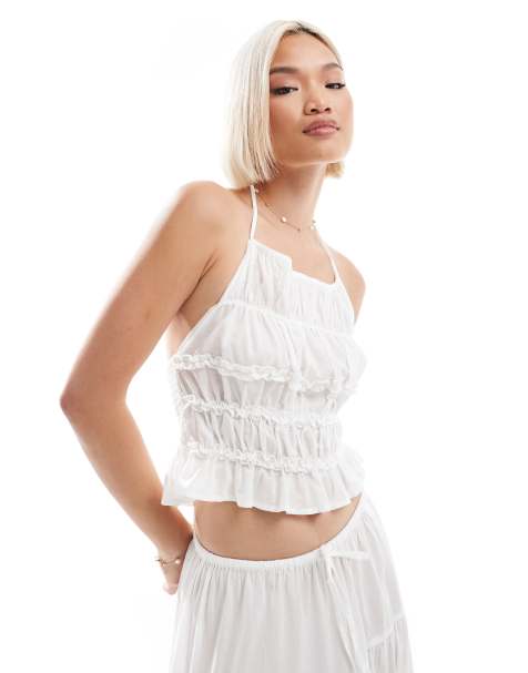 Stradivarius STR ruched halter neck crop top co-ord in ecru - view 1