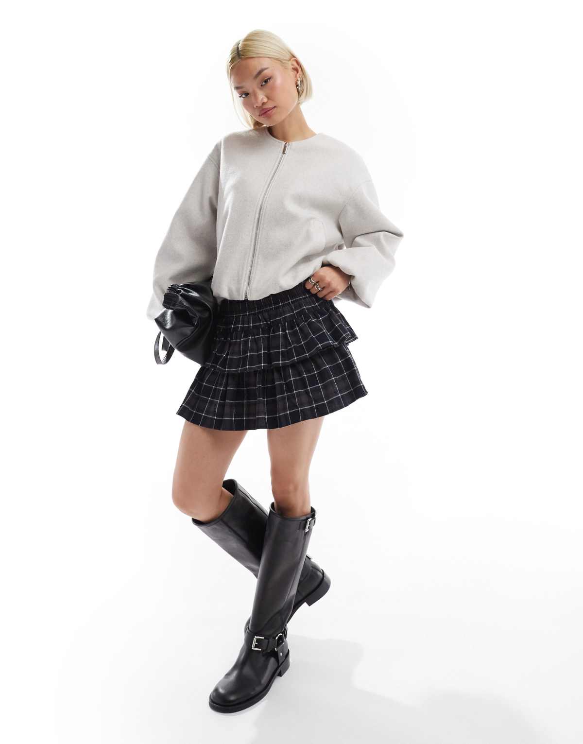 Stradivarius STR ruffle skort in navy check
