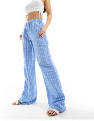 Stradivarius Str Rustic Pull On Pants In Blue Pinstripe