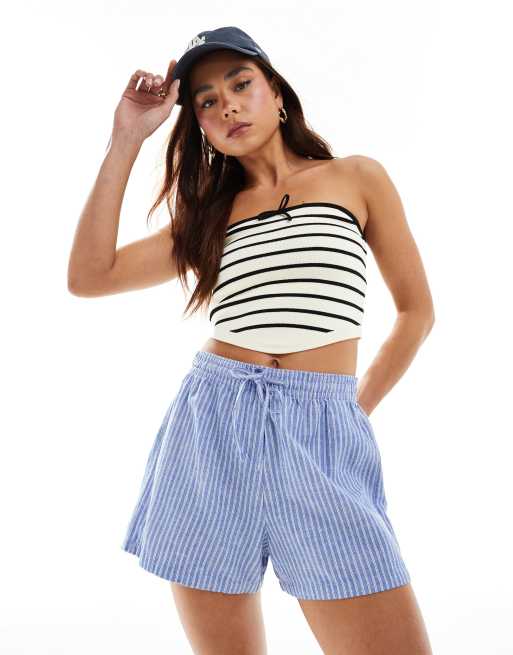 Stradivarius - STR - Rustieke gestreepte short met elastische taille in blauw 