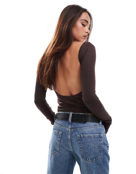 Stradivarius STR sculpt drape back top in brown - view 1