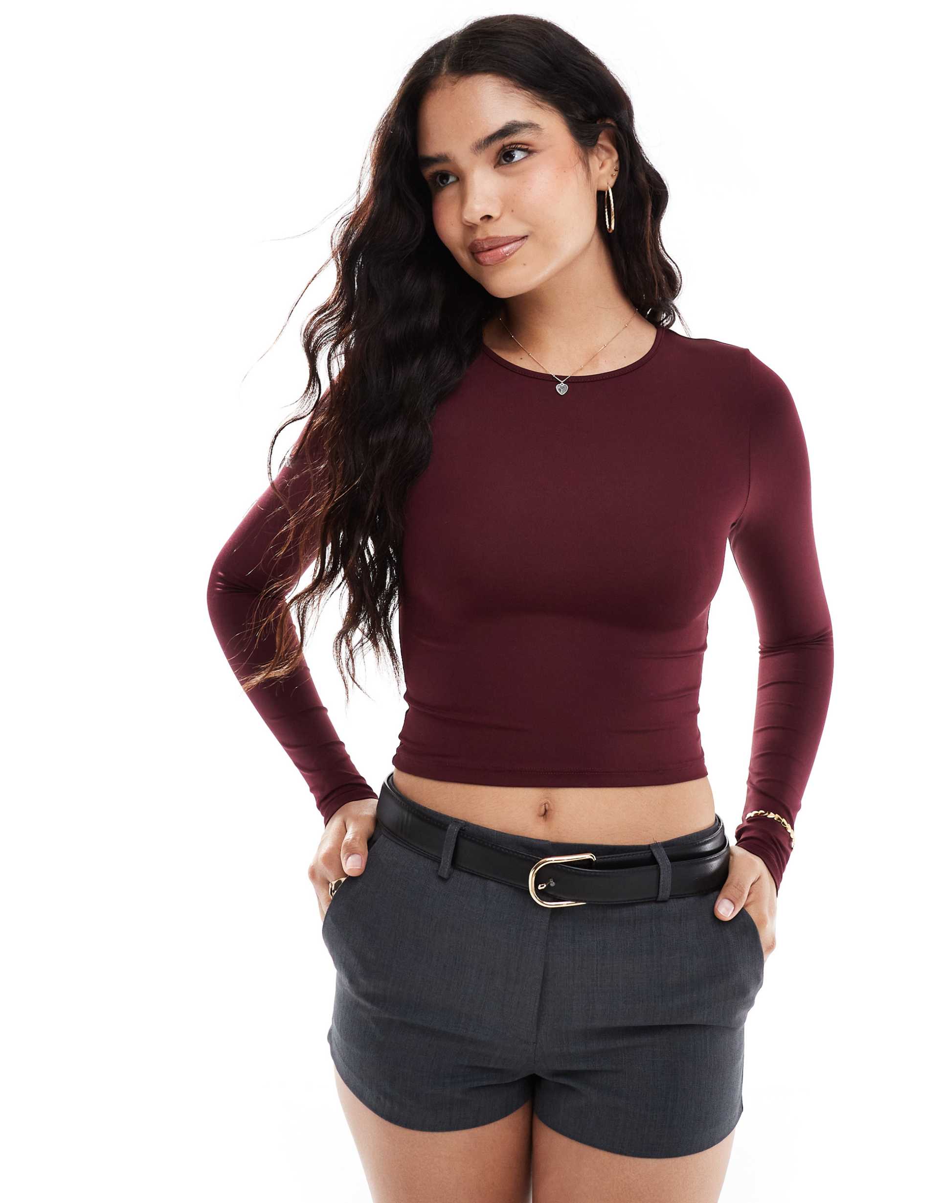 stradivarius str sculpt long sleeve t-shirt in burgundy