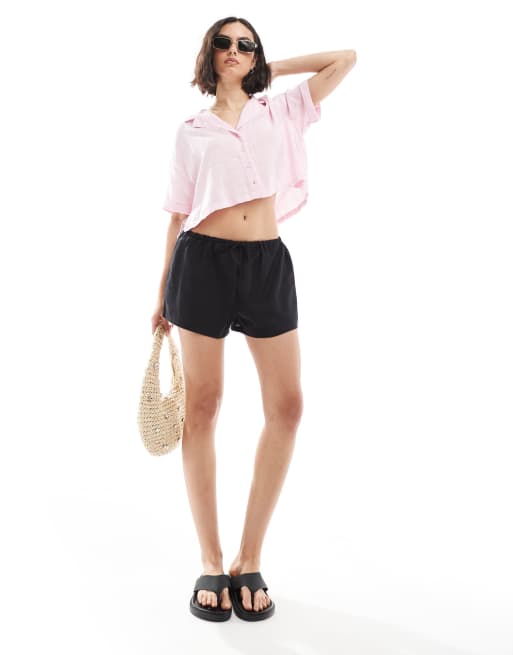 Stradivarius - STR - Short en lin avec cordon de serrage - Noir