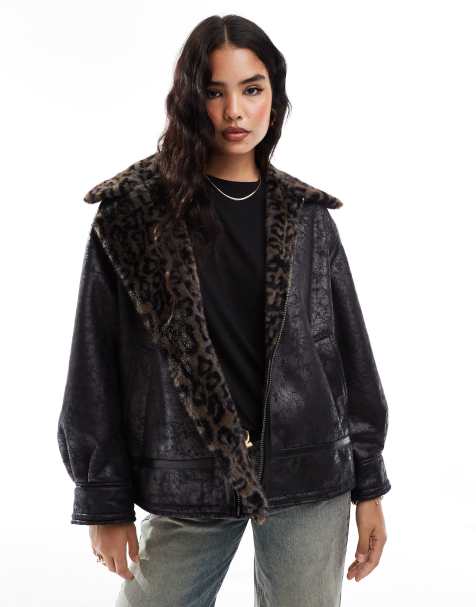 Stradivarius - STR - Sort aviator-jakke med slidt finish og leopardprint - view 1