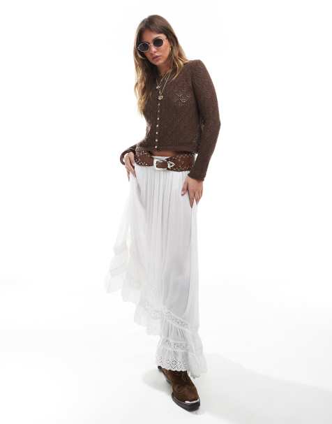 Stradivarius STR asymmetric hem midi skirt in ecru