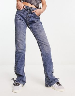 Stradivarius STR straight flare jean with lace up detail in dark wash blue