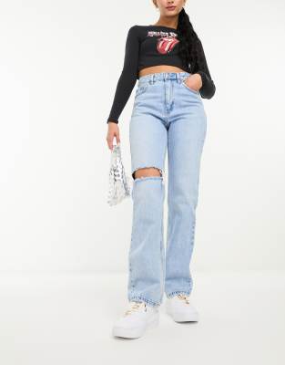 Stradivarius STR straight jeans with rips in light wash blue